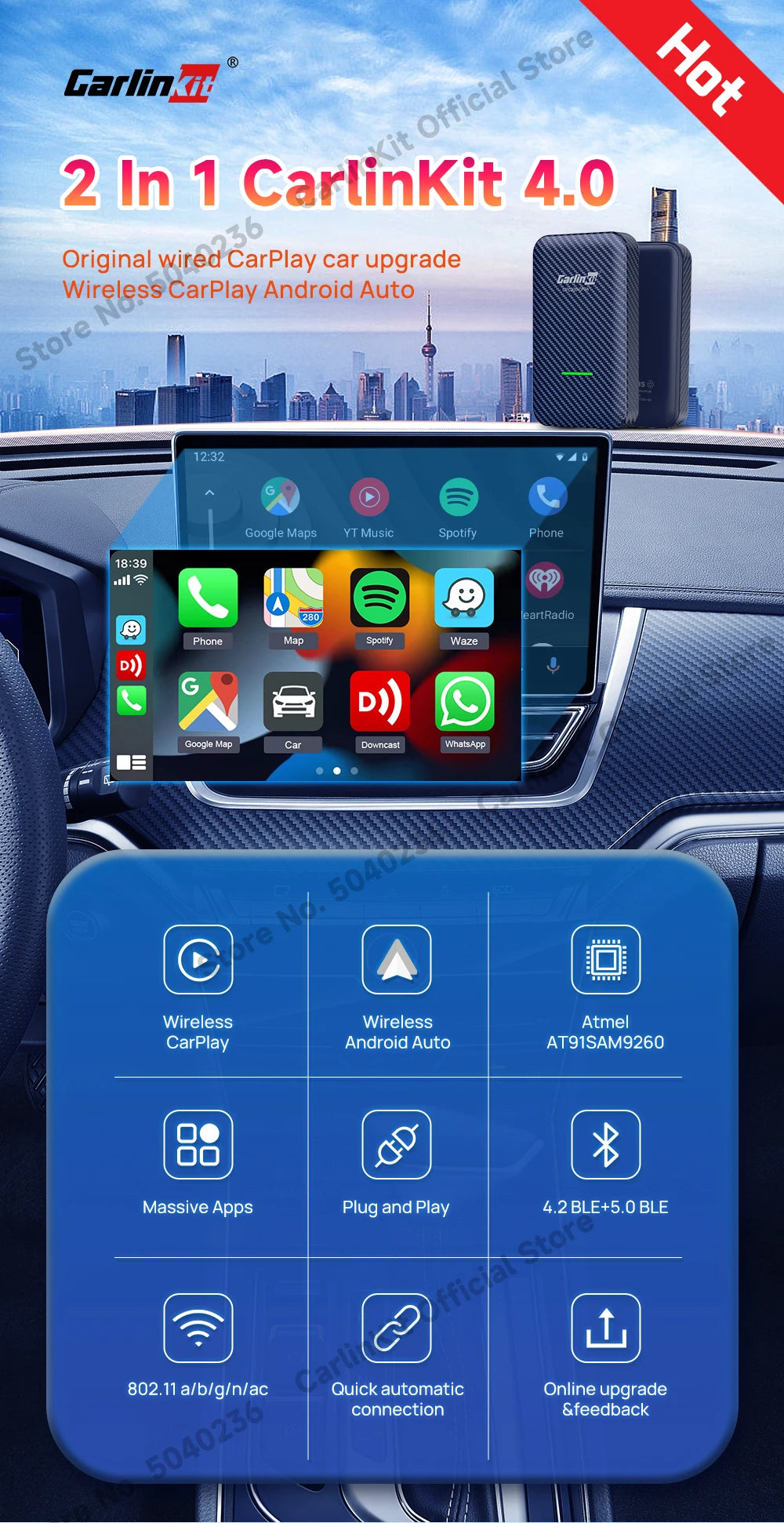 CarlinKit 5.0 4.0 3.0 CarPlay Wireless Dongle Activator Auto-connect For Audi Porshe Benz VW Volvo Toyota Plug&Play MP4 MP5 Play