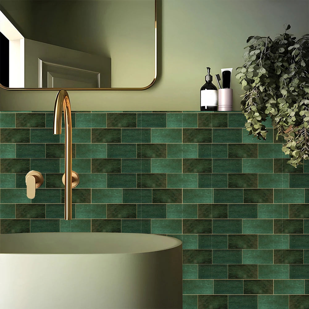10Pcs Set Retro Dark Green Brick Wall Stickers Mosaic Tile Sticker Bathroom Kitchen Home Wall Background Embellishment