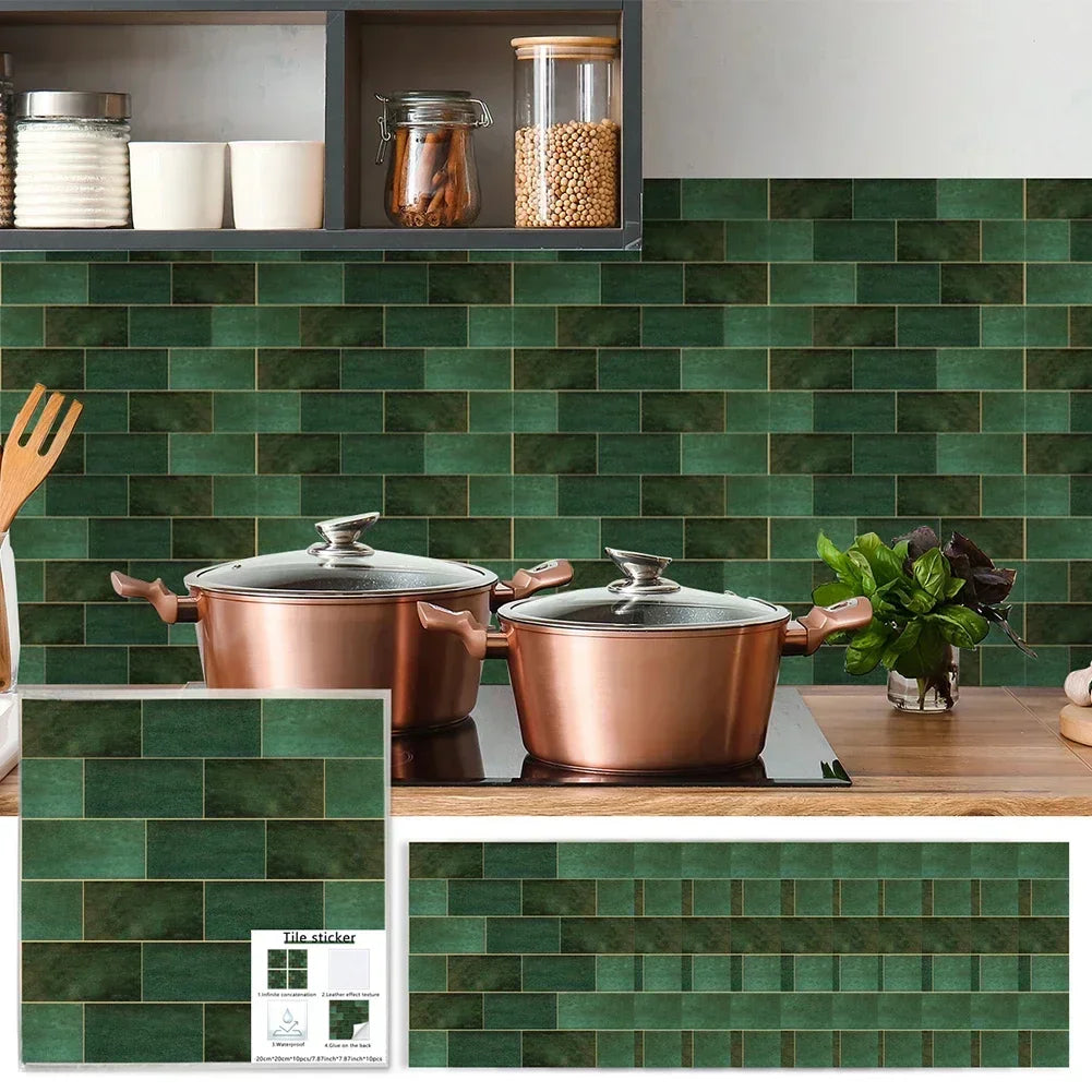 10Pcs Set Retro Dark Green Brick Wall Stickers Mosaic Tile Sticker Bathroom Kitchen Home Wall Background Embellishment