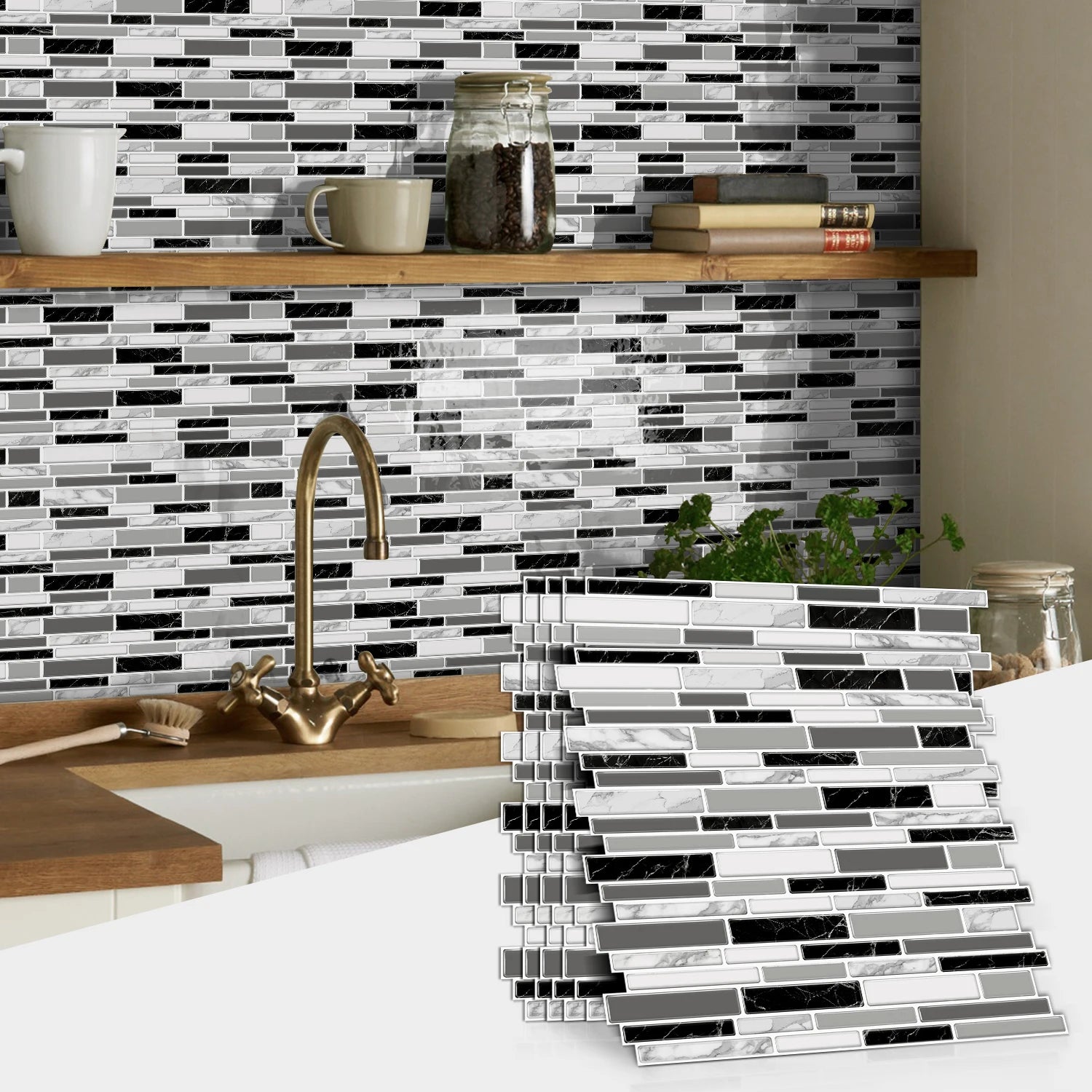 1/12pcs Classic Black And White Tile Marble Room Decoration Kitchen Living Room Waterproof Self-Adhesive Wall Sticker Detachable