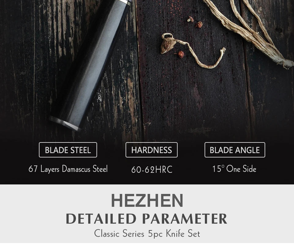 Bộ Dao Bếp Nhật HEZHEN - Thép Damascus Tay Cầm Gỗ