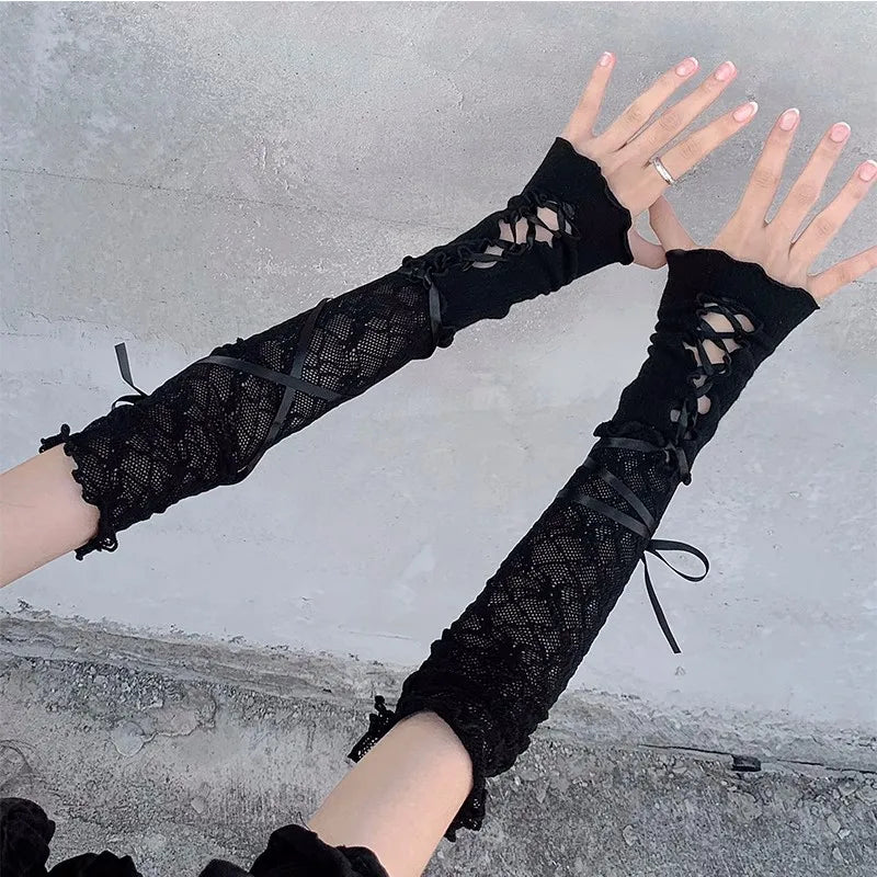 New Design Women Sexy Bandage Fingerless Gloves Gothic DIY Strapping Sunscreen Sleeve Lolita Jk Emo Y2k Elastic Mesh Punk Gloves - Daisan Mart