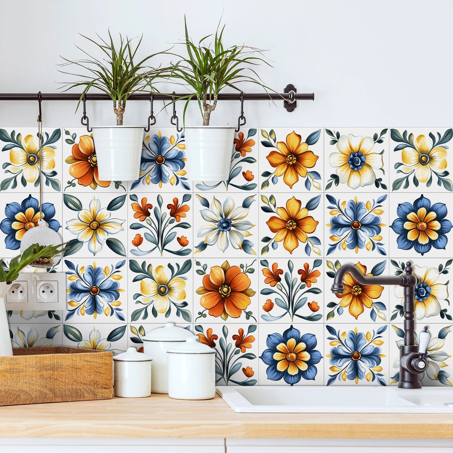 24pcs/Set Self-Adhesive Waterproof Art Wall Stickers For Living Room, Kitchen Oil Resistant Tiles Stickers For Room Decor Decal