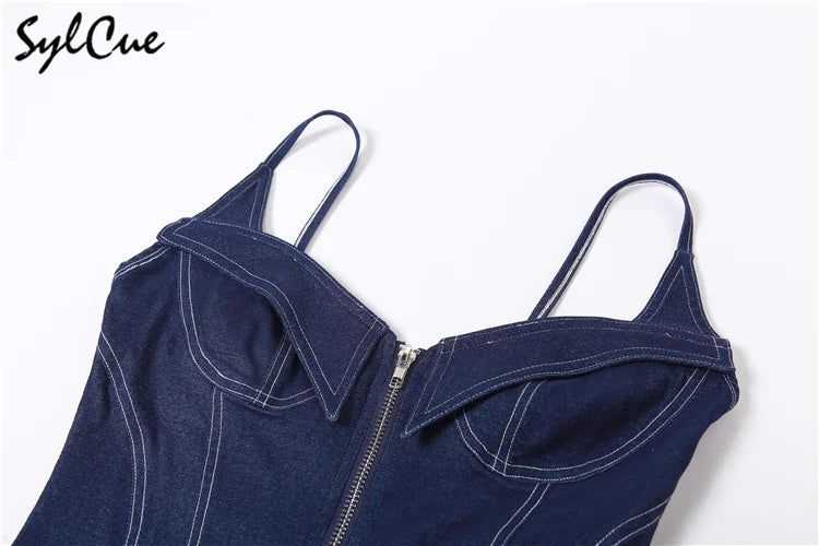 Sylcue 2023 Summer New Classic Retro Cool All-Match High Street Sexy Mature Charm Hot Women'S Zipper Jumpsuit Bodysuit