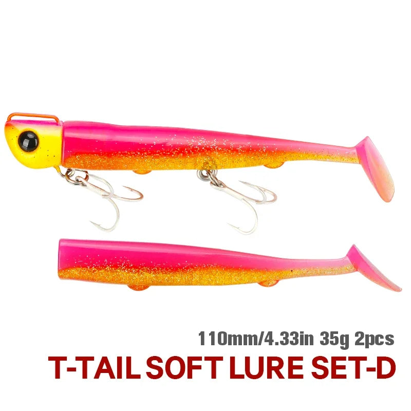 TSURINOYA Sinking Large Baits 110mm/35g Long Casting Jig Head T Tail Soft Lure Set 2pcs Tail Flounder Seabass Fishing Lure