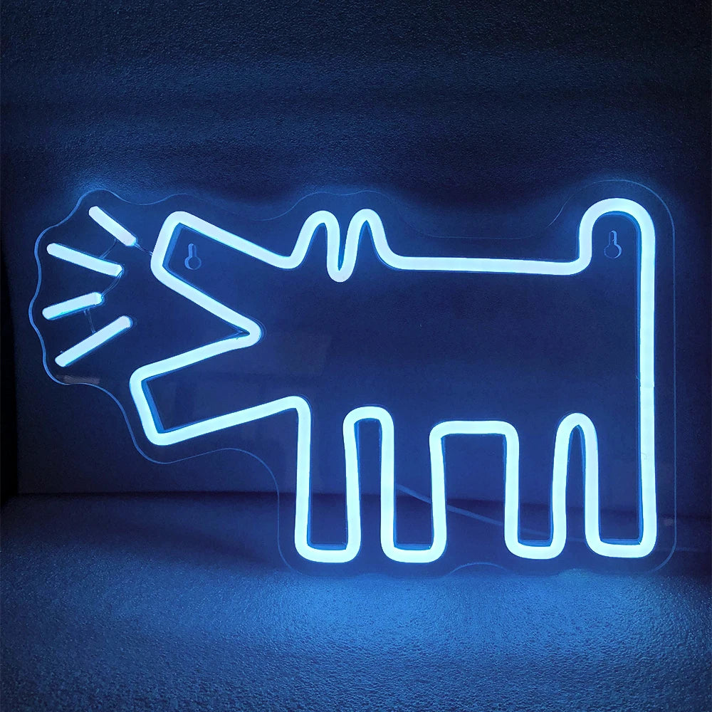 Biển neon xanh hình chó sủa, nét đơn giản, nền tối.