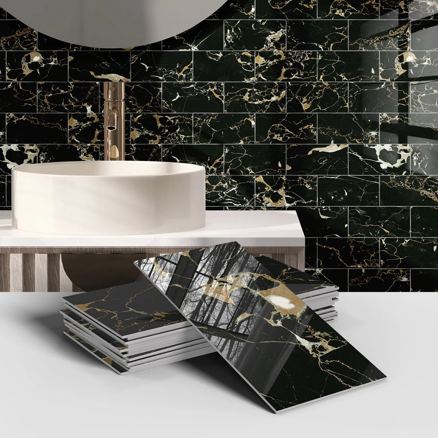 Set of 16 Waterproof Stone Pattern Foam Wall Stickers for Kitchen