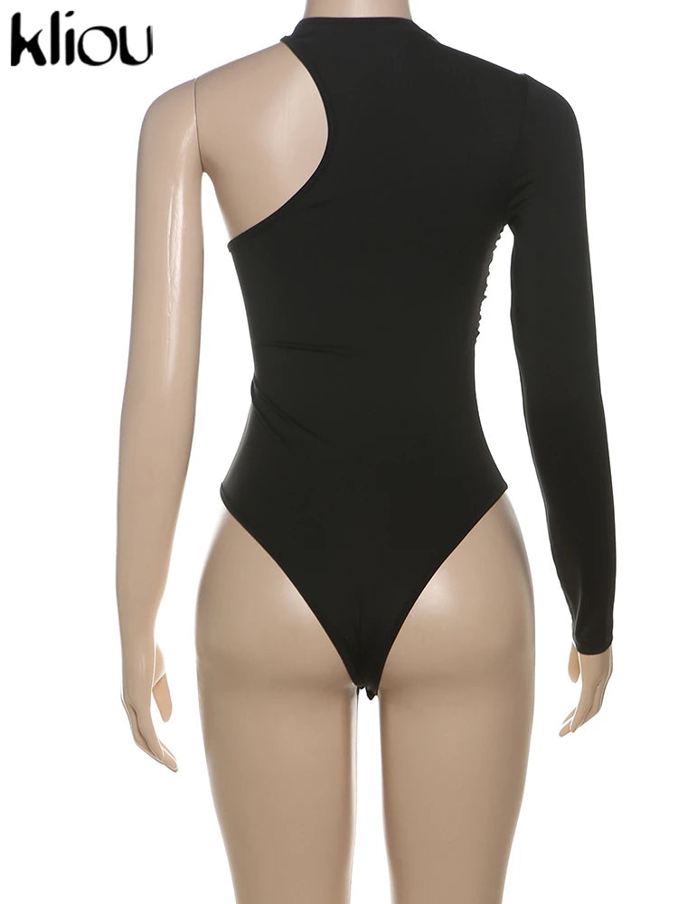 kliou Classic Solid Women Bodysuits Autumn All-matched Stacked Ruched Incline Shoulder Skinny Rompers Female Trend Street  Tops - Daisan Mart