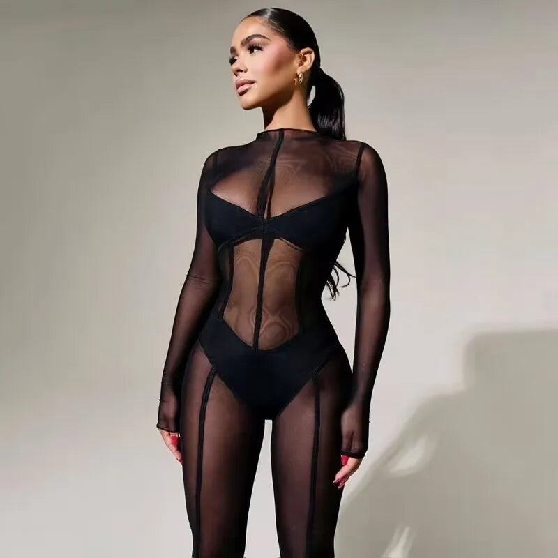 Sexy Black Mesh Bodysuit for Women's Evening Party