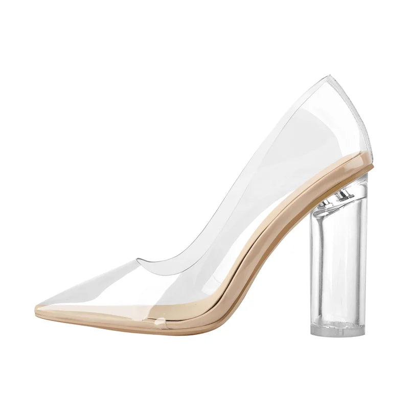 Onlymaker Women Pointed Toe PVC Clear High Heels Pumps Buckle Chunky Transparent Strip Big Size Summer Pumps