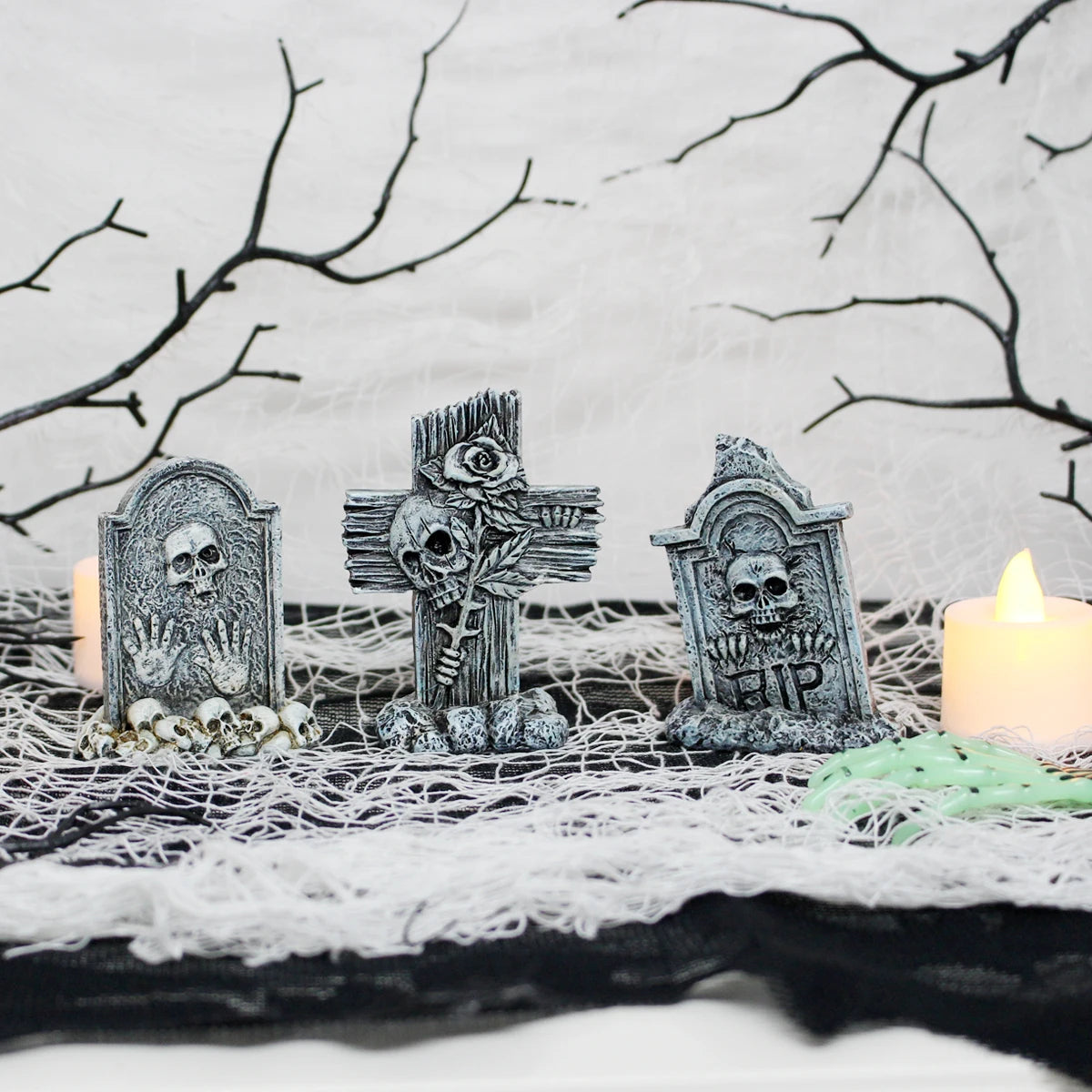 3-piece set of tombstone resin crafts, terrifying decorative statues in courtyard gardens, Halloween decorative statues, bonsai