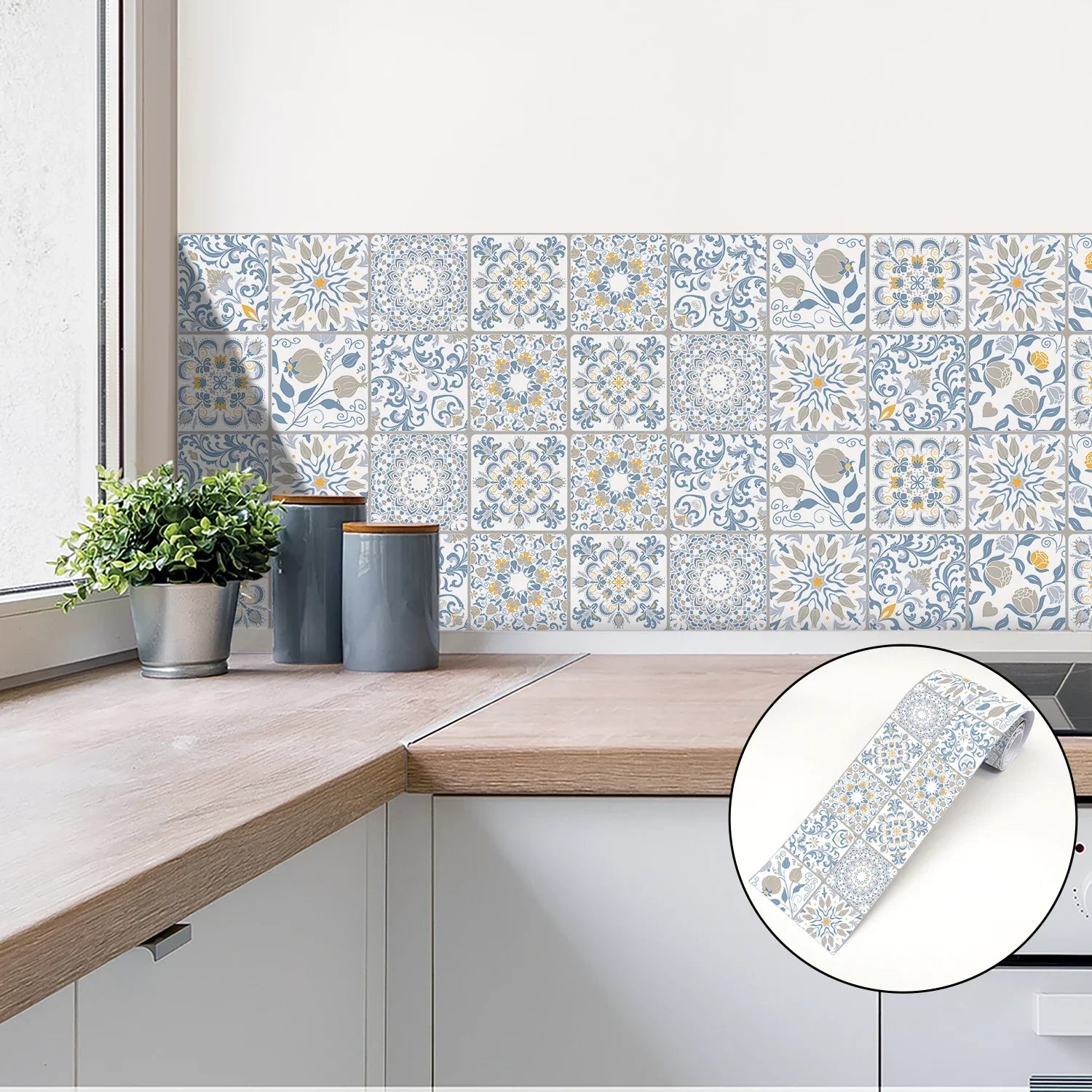 Blue White Yellow Peel &amp; Stick Tiles Wall Sticker for Bathroom Kitchen Backsplash Decorative Waistline Skirting Strip