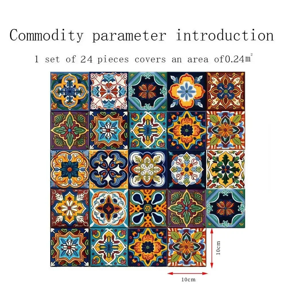 24pcs Morocco Style Colorful Retro Tiles Wall Sticker Kitchen Bathroom Tile Waist Line Wallpaper PVC Waterproof Art Mural