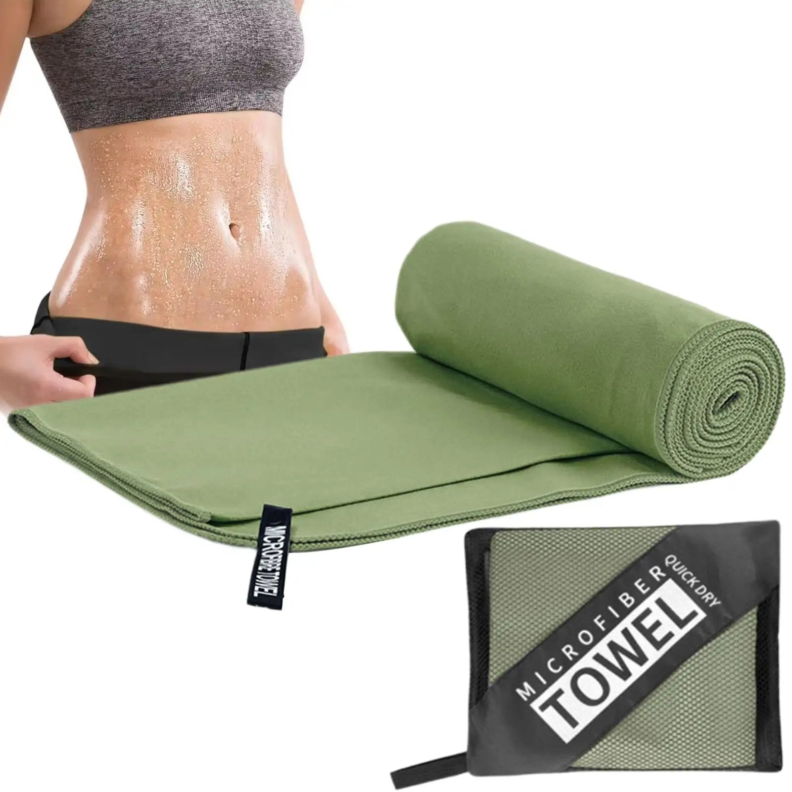 Khăn sợi microfiber màu xanh lá cây, người tập luyện bụng ướt mồ hôi, túi đựng khăn.