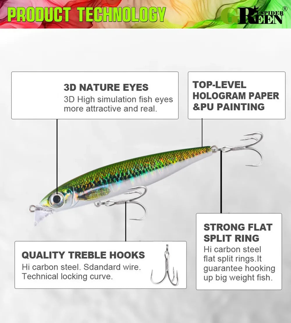 GREENSPIDER Sinking Minnow 100mm 34g Wobbler Pesca Swimbait Long Cast Tackle Pike Fishhook Sea Fishing Lure Jerkbait