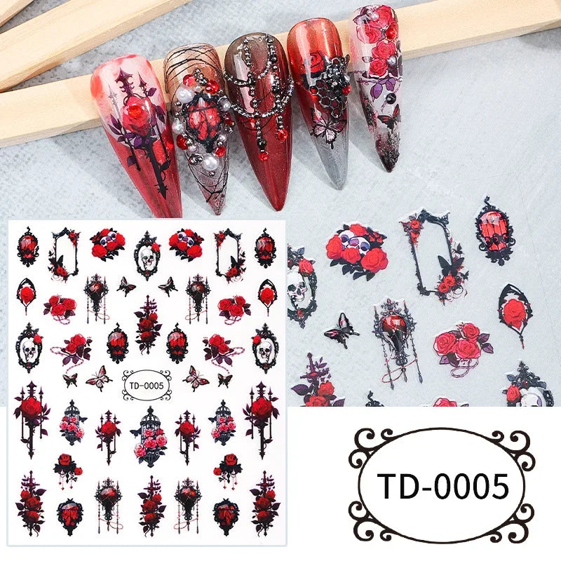 3D Black Purple Halloween Nail Stickers Gothic Skull Rose Butterfly Nail Decals for Festival Nail Decor Manicure Sliders