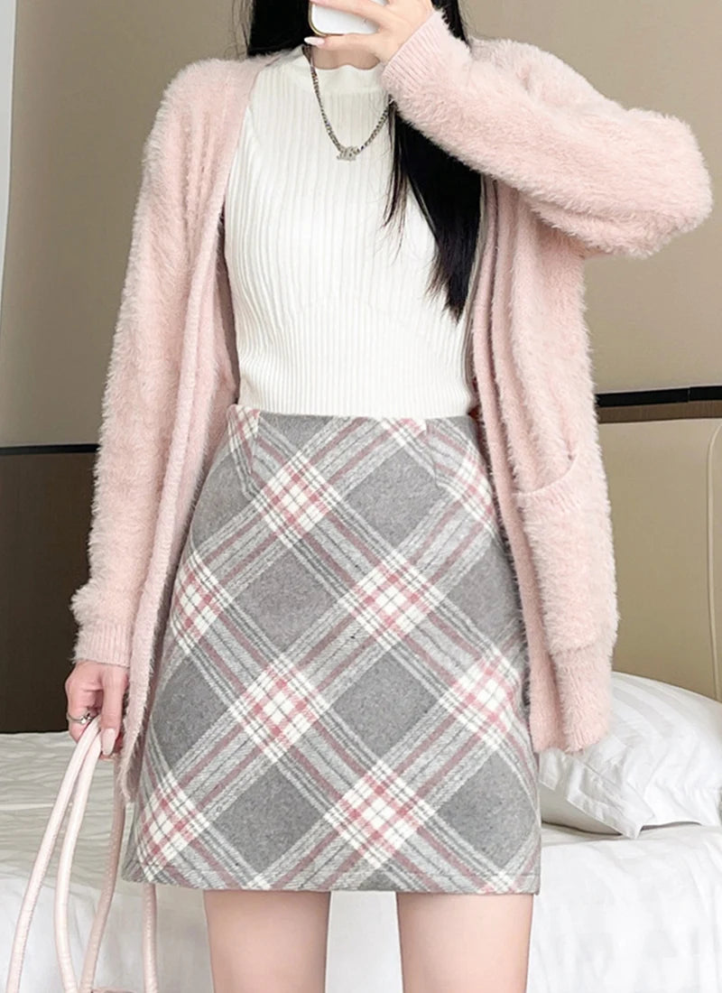 Autumn Winter Korean Plaid Woolen Skirt Women High Waist Slimming Wrap Hip Mini Skirts Y2K Thicken Warm Short A-Line Skirt Mujer - Daisan Mart