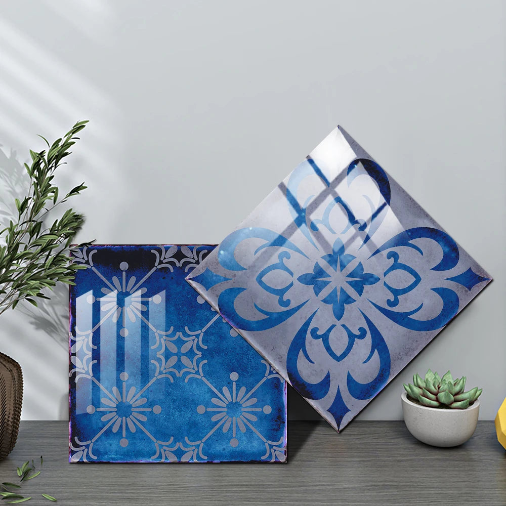 10pcs/set Dream Blue Tile Sticker Kitchen Backsplash Oil-proof Bathroom Waterproof Home Decor Wall Decals Peel &amp; Stick Art Mural
