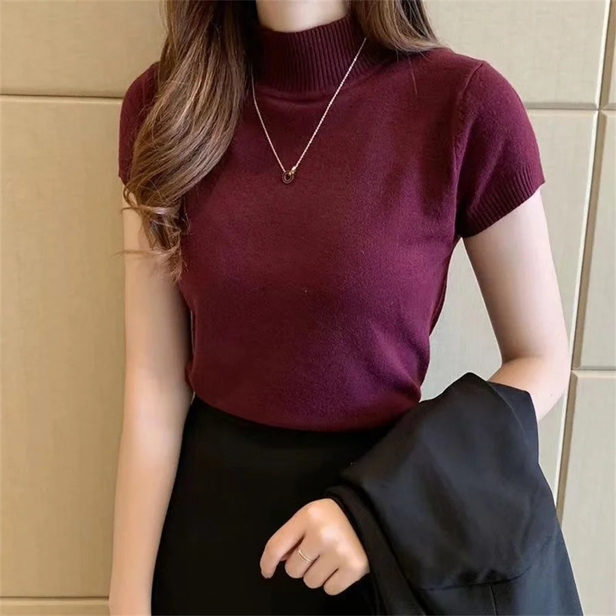 Women's Short Sleeve Turtleneck Knitted Summer T-Shirt