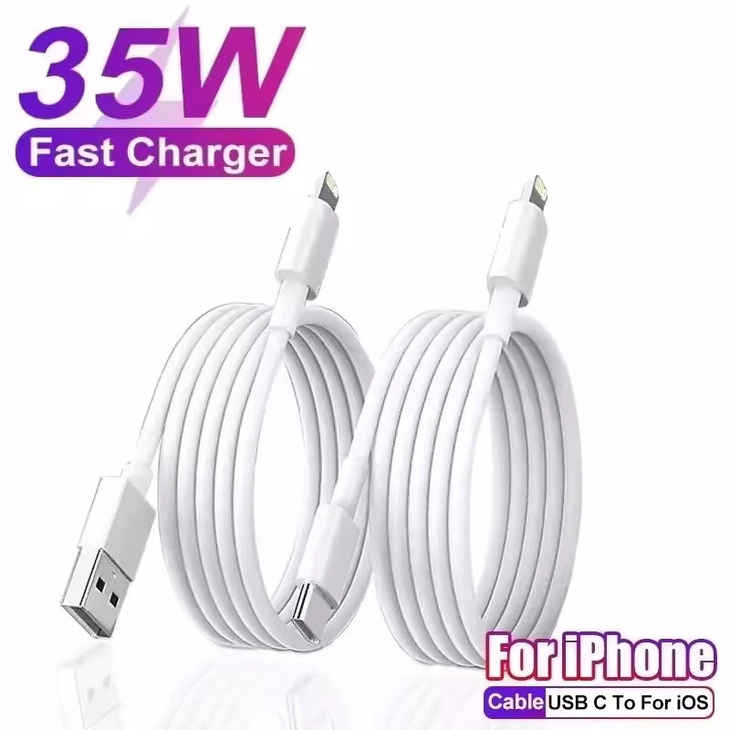Hai cáp sạc trắng, một đầu USB-C, chữ "35W Fast Charger" màu tím.