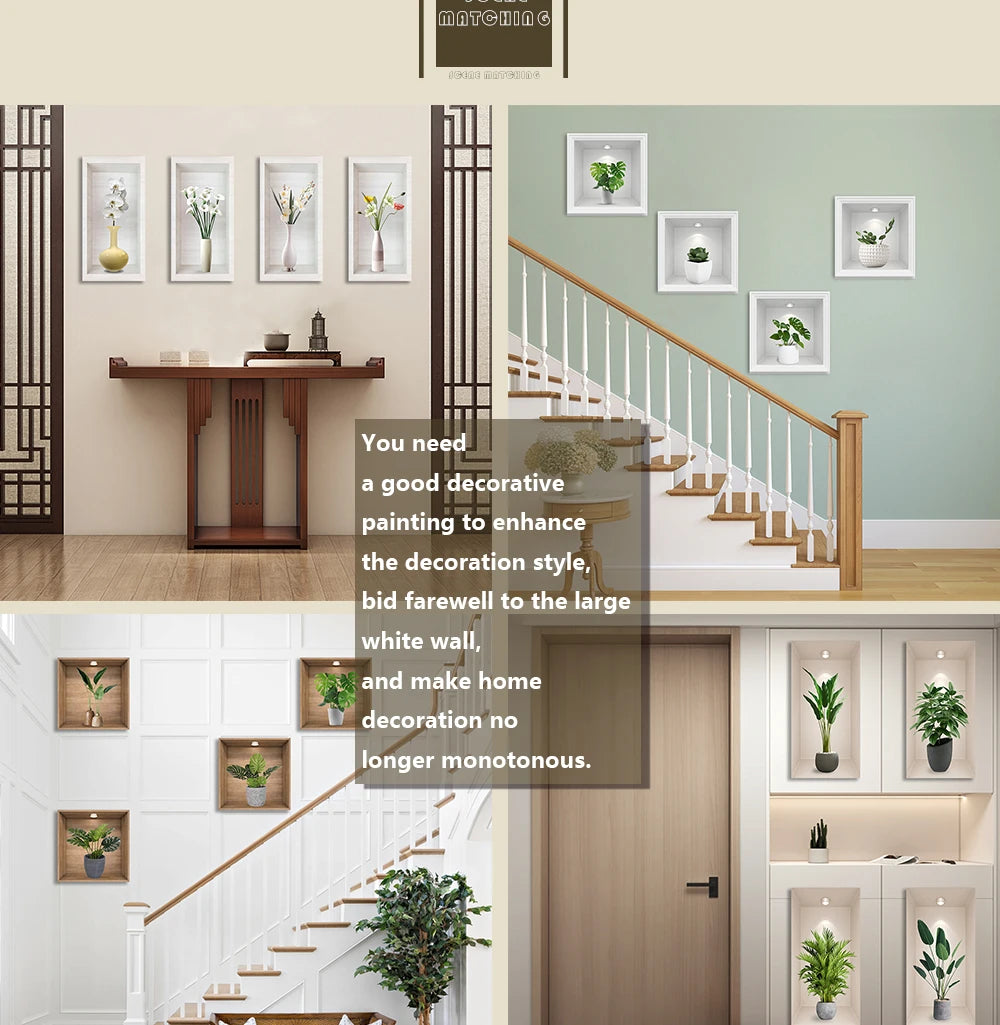 4pcs/set Simulated Plant Potted Plants Cabinet Decoration Wall Stickers Peel &amp; Stick Waterproof PVC Frameless Wall Art Mural