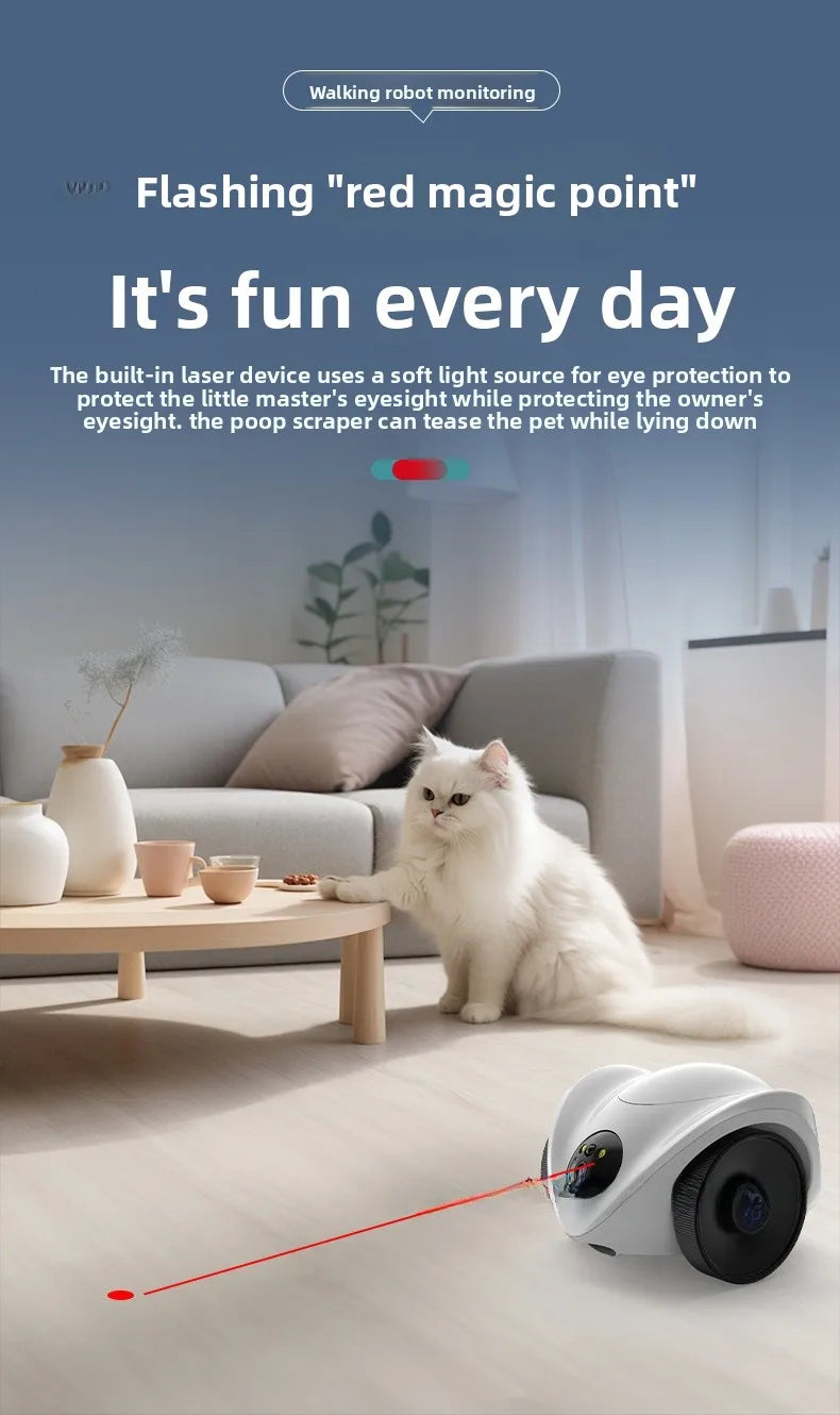 Intelligent pet feeder can be remotely controlled equipped with a camera capable of moving communication and featuring a laser