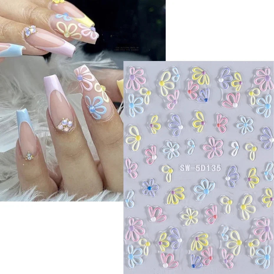 5D Colorful Daisy Flower Nail Art Sticker Lace Heart Spring Hollow Petals Boho Style French Engraved Slider Manicure Decorations - Daisan Mart