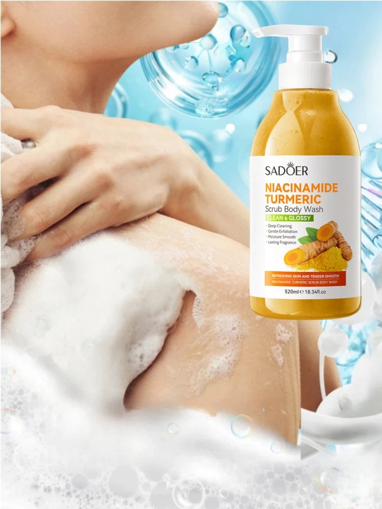 520Ml/Bottle Niacinamide Turmeric Scrub Shower Gel, Rich in Ingredients Such as Niacinamide and Turmeric Extract, with a Smooth and Delicate Scrub, Rich Foam, Gentle Bathing, Cleans Sweat and Other Dirt and Dead Skin Cells on