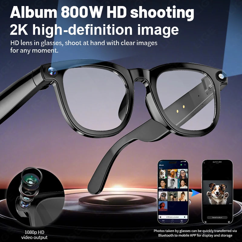 LIGE AI Smart Glasses 8MP HD Camera Video Bluetooth Call 270mAh Voice Control Identify Objects Translate Sunglasses Lenses Gifts