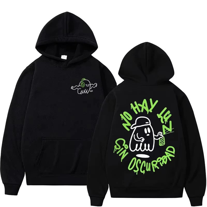 Áo hoodie đen với hình ma trắng đeo tai nghe xanh lá, chữ xanh nổi bật phía sau.
