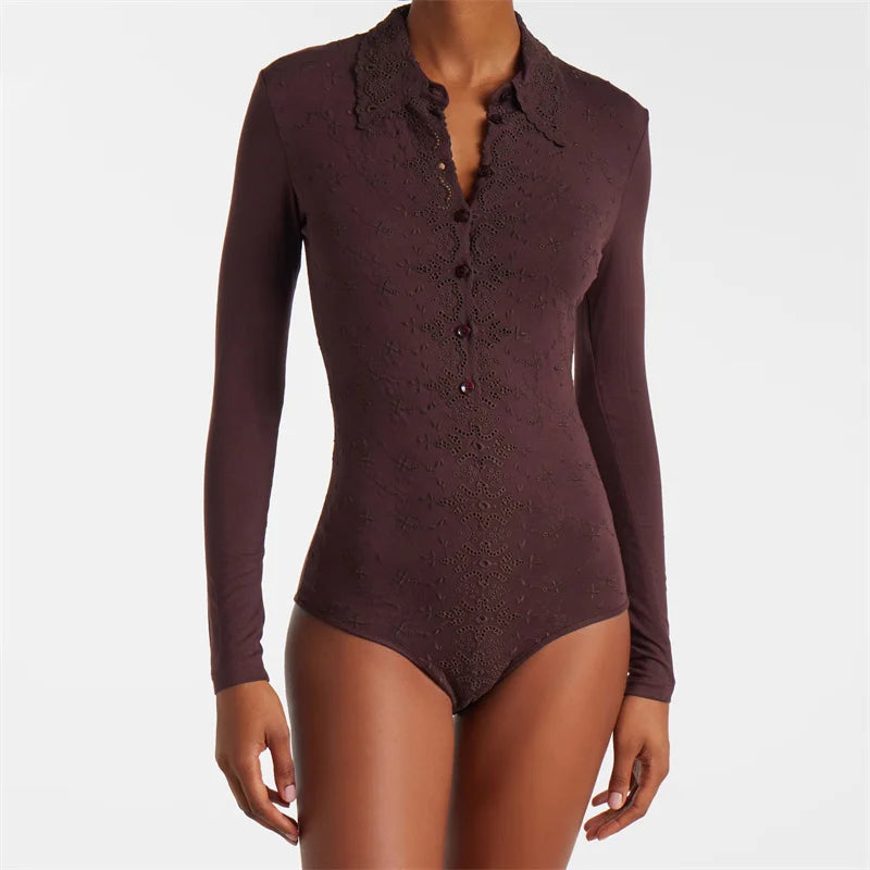 Women's bodysuit New elastic slim fit lapel long sleeved top for autumn 2025 floral embroidery women's corset y2k women's bodys