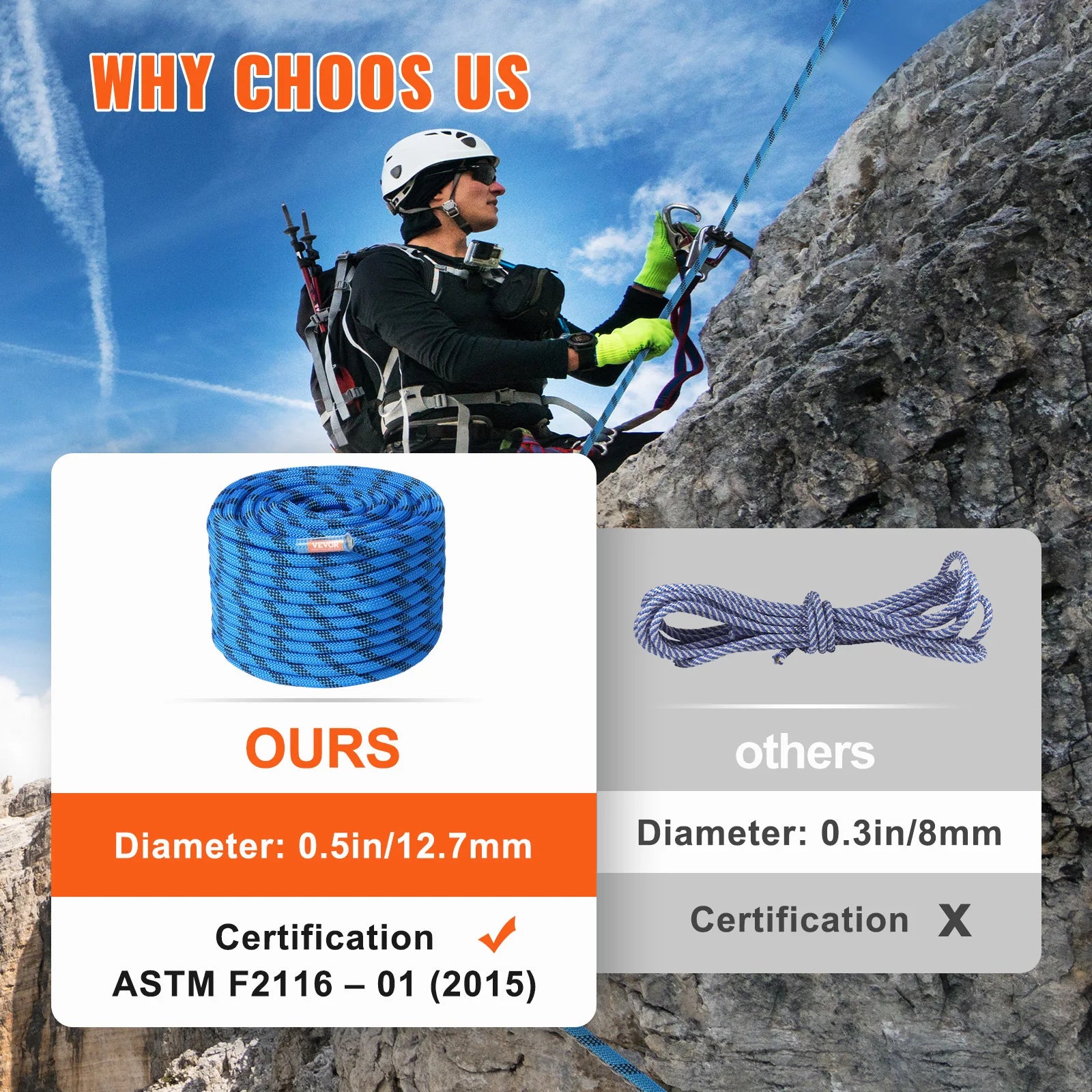 VEVOR 12.7mm Static Climbing Rope - 30KN Durable and Safe