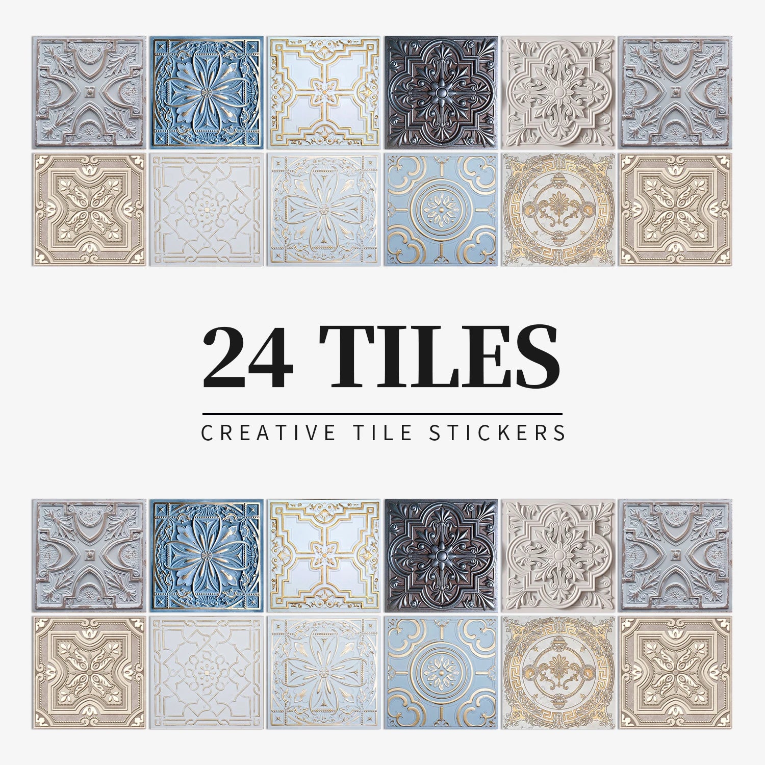 24Pcs European retro style Art Tile Wall Stickers With Self Adhesive Removable Bathroom Kitchen Waterproof Pvc Decal Wallpaper