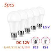 5 bóng đèn LED trắng, đui xoáy E27, chữ "DC 12V" màu đỏ, "B22" và "E14" dưới dạng biểu tượng.