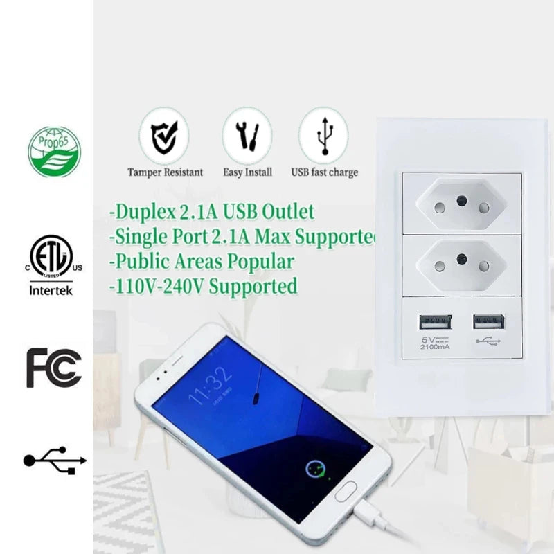 Ổ Cắm Điện Kèm Cổng USB Kính Cường Lực Brazil 118