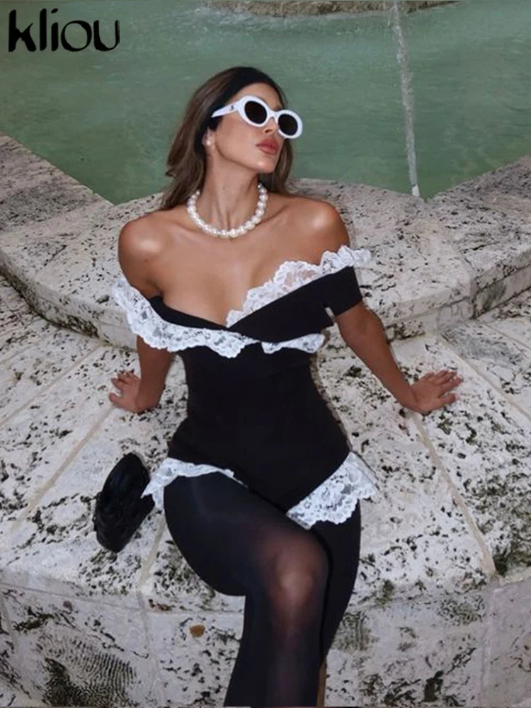 Kliou Women's Bodysuit Mesh Lace Off-the-Shoulder Fashion