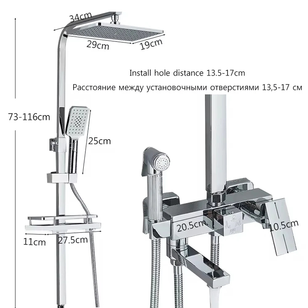 Chrome Brass Shower Faucet Set Rainfall Bathtub Tap With Bathroom Shelf 4 Function Height Adjust Shower Mixer Crane Fast Delivey