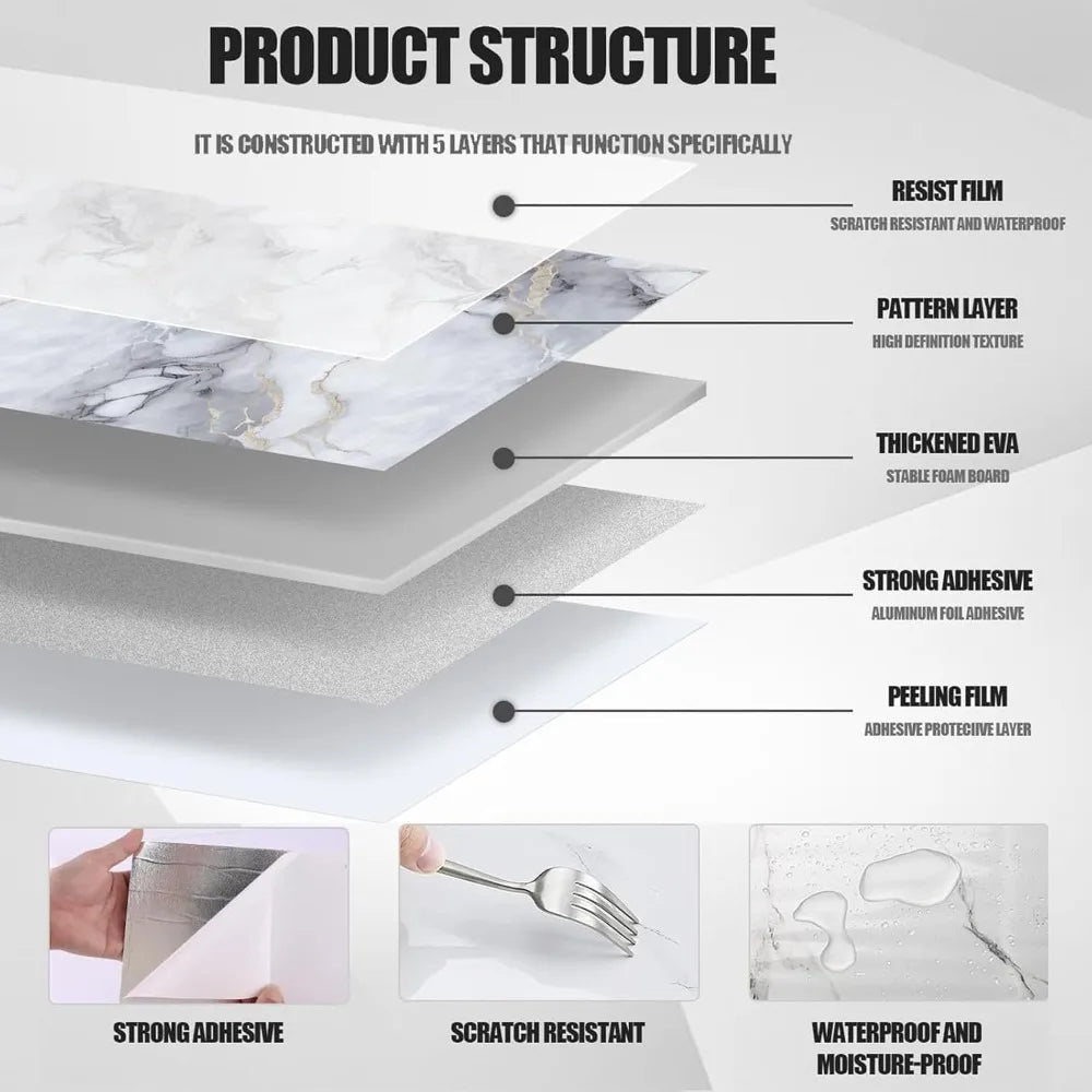 Marble Pattern Foam Self-adhesive Wallpaper Home Decor Aluminum Foil Bottom Imitation Tile Wall Stickers for Kitchen Bathroom