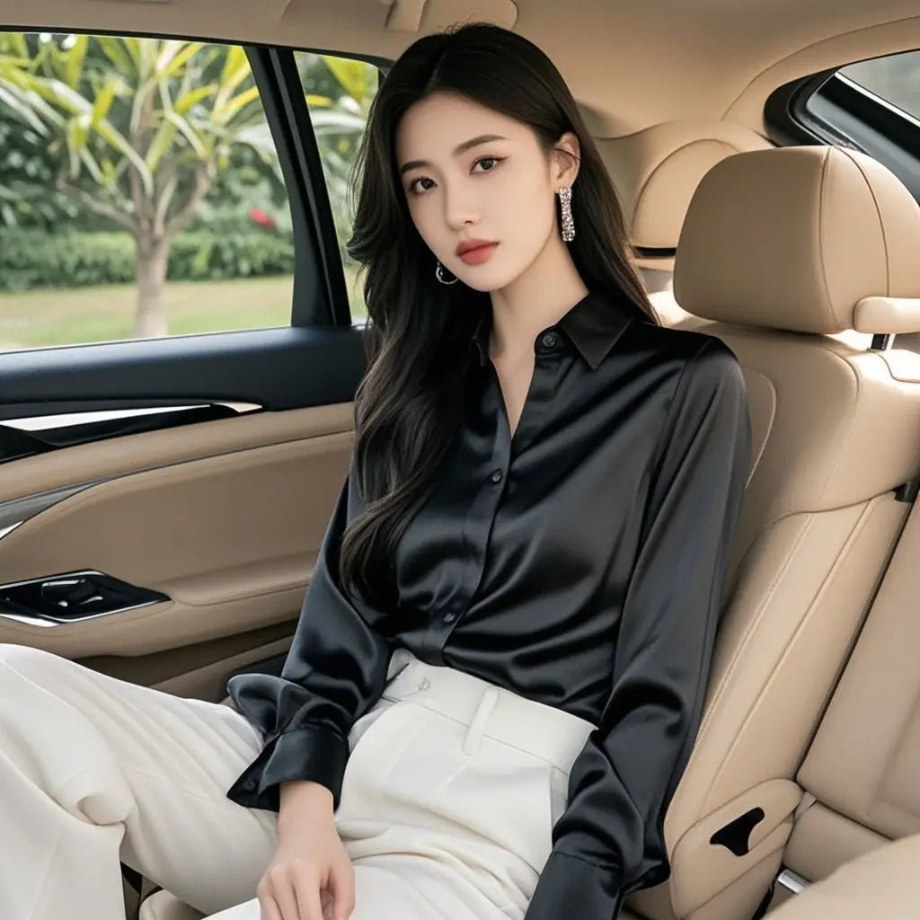 Áo Sơ Mi Lụa Công Sở Nữ Hàn Quốc Dáng Ôm Dài Tay - Daisan Mart