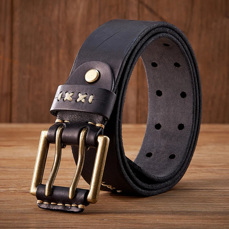 Men's military cowhide belt with double buckle, dusty style