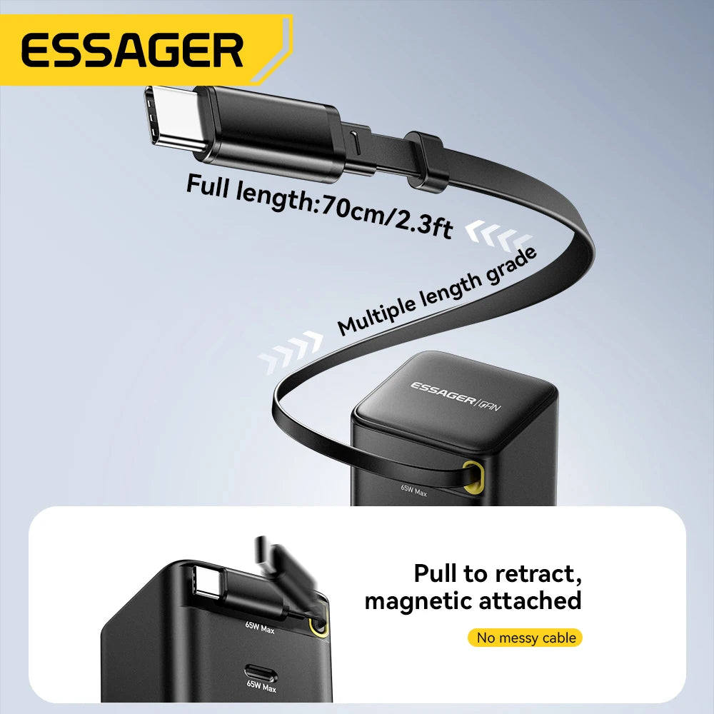Essager 65W GaN Charger with Retractable Cable PD Fast Charging for Laptop Macbook iPhone 16 15 14 Xiaomi Type-C Phone Charger