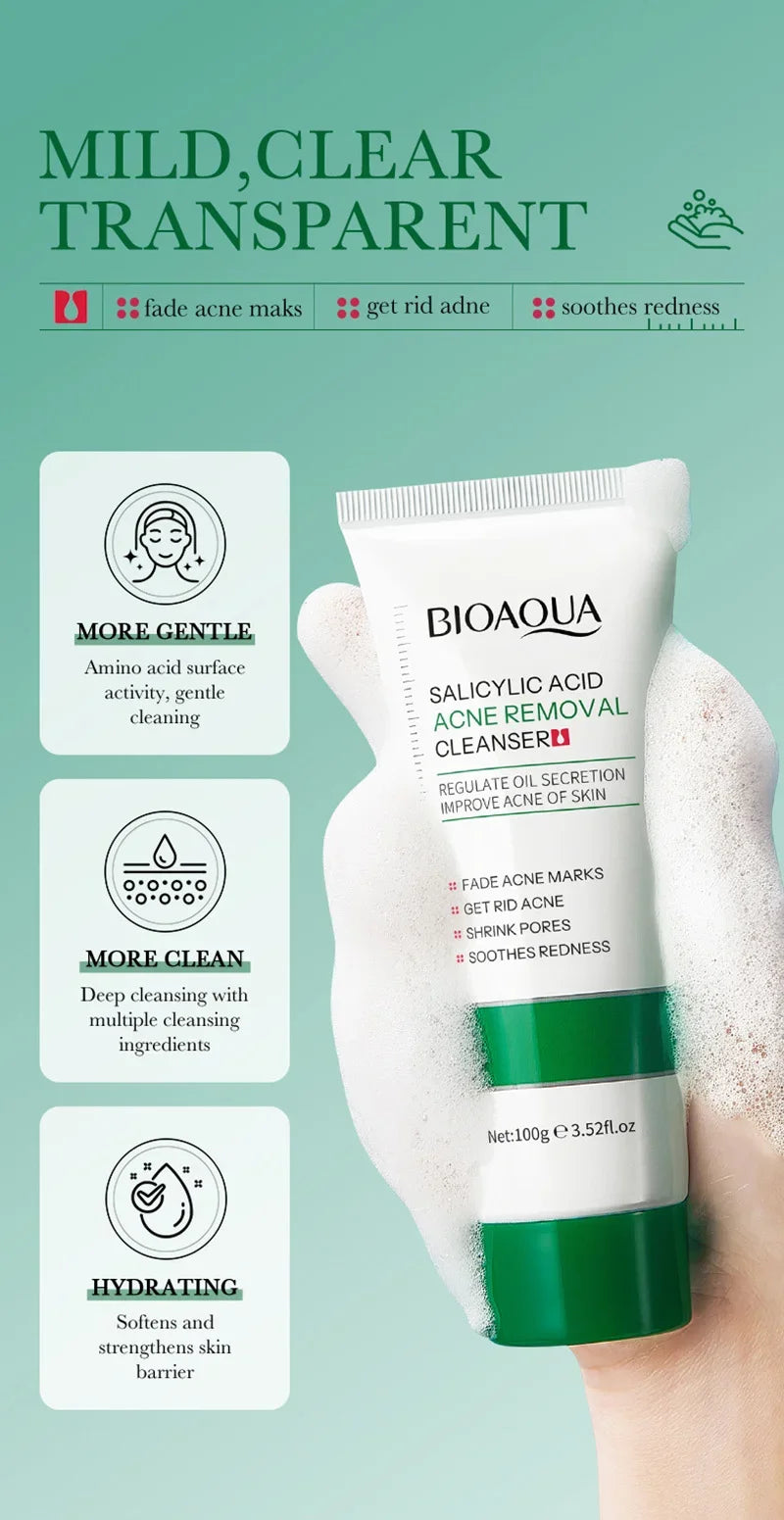BIOAOUA Salicylic Acid Ance Removal Cleanser Fade Ance Marks Mild Moisturizing Soothing Facial Cleanser Face Washing Products