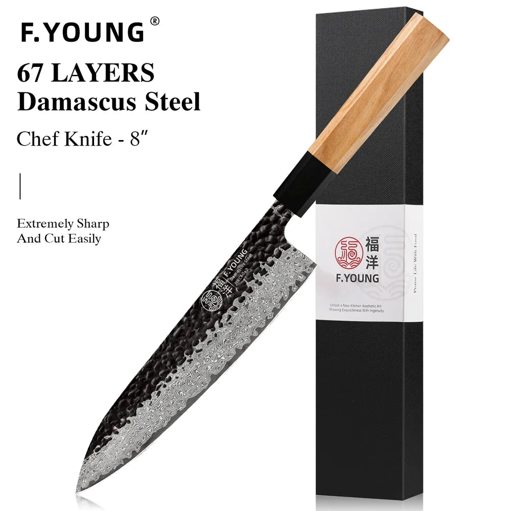 Dao Bếp Nhật F.YOUNG Rèn Tay Thép Damascus Cao Cấp