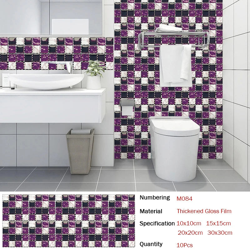 10pcs Flat Mosaic Style Tiles Sticker Kitchen Bathroom Waterproof &amp; Oilproof Art Wall Sticker Peel &amp; Stick Surface Glossy Film