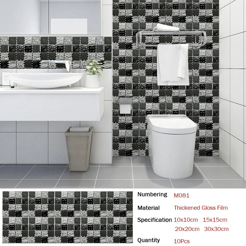 10pcs Flat Mosaic Style Tiles Sticker Kitchen Bathroom Waterproof &amp; Oilproof Art Wall Sticker Peel &amp; Stick Surface Glossy Film