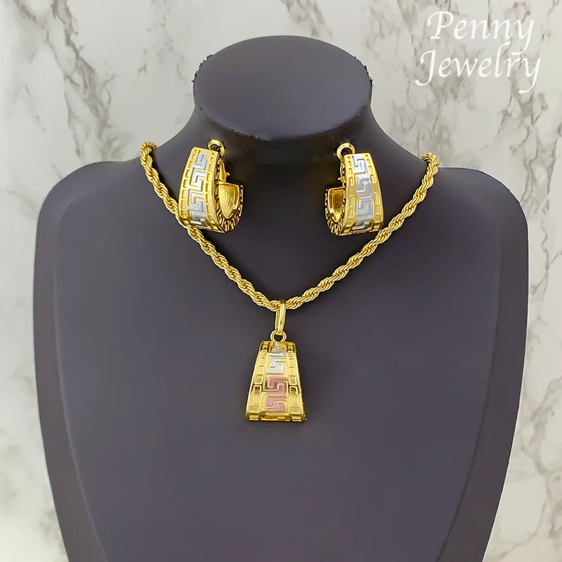 3-Color Gold-Plated Jewelry Set, Necklace &amp; Earrings for Women