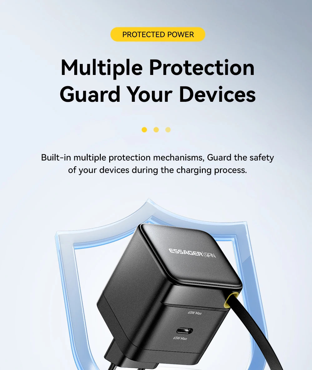 Essager 65W GaN Charger with Retractable Cable PD Fast Charging for Laptop Macbook iPhone 16 15 14 Xiaomi Type-C Phone Charger