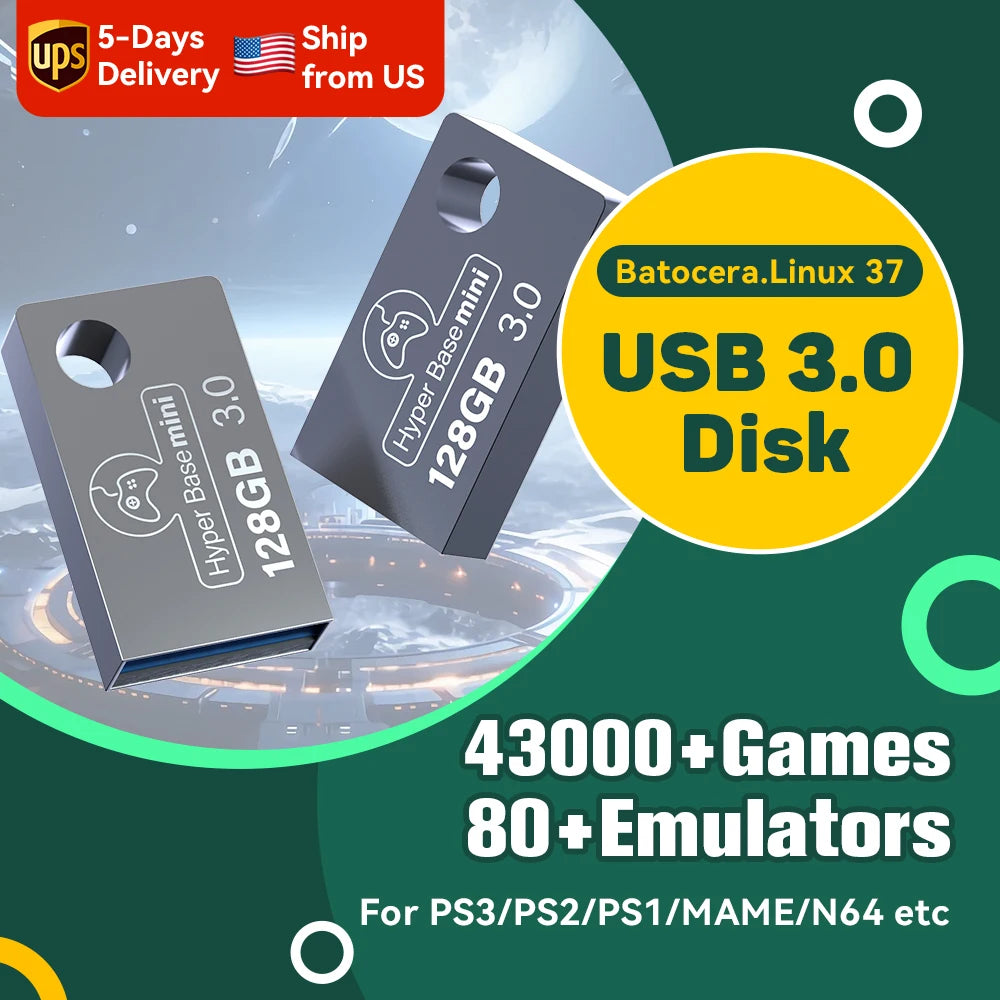Hai ổ USB màu xám, nền xanh và trắng, chữ vàng "USB 3.0 Disk", có biểu tượng trò chơi.