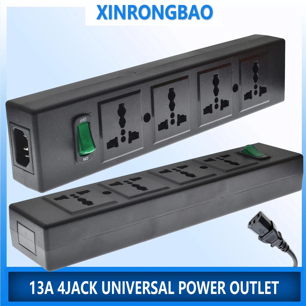 Ổ cắm điện đen 4 lỗ, công tắc xanh, chữ XINRONGBAO nền xanh nhạt.
