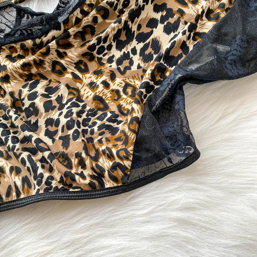 Women Hotsweet V-neck leopard slim Vintage Straps Bodysuits Chic lace Jumpsuits Slim Top Clothing